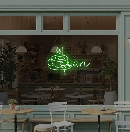 Modern cafe wall with open with coffee cup neon sign glowing green.