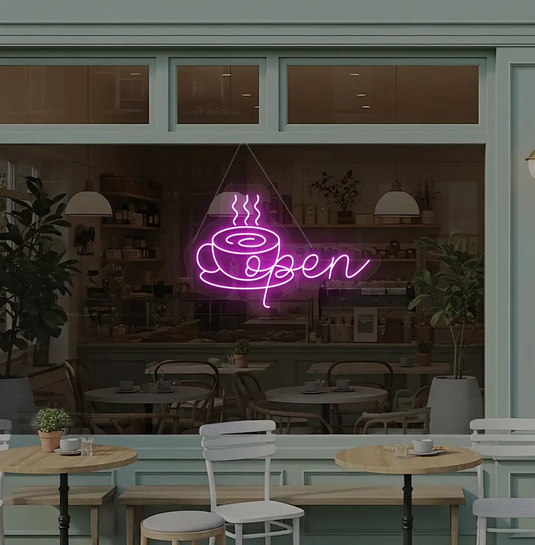 Image of an open with coffee cup neon sign hanging on cafe glass door in pink color.