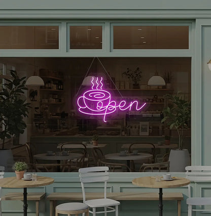 Image of an open with coffee cup neon sign hanging on cafe glass door in pink color.