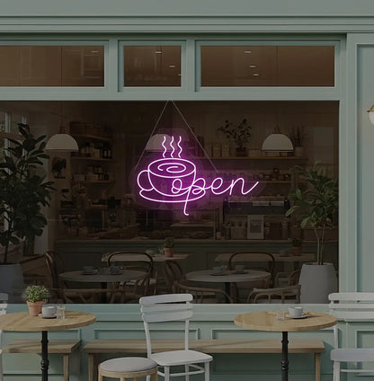 Modern cafe wall with open with coffee cup neon sign glowing purple.