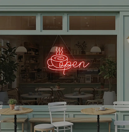 Image of an open with coffee cup neon sign hanging on cafe glass door in red color.