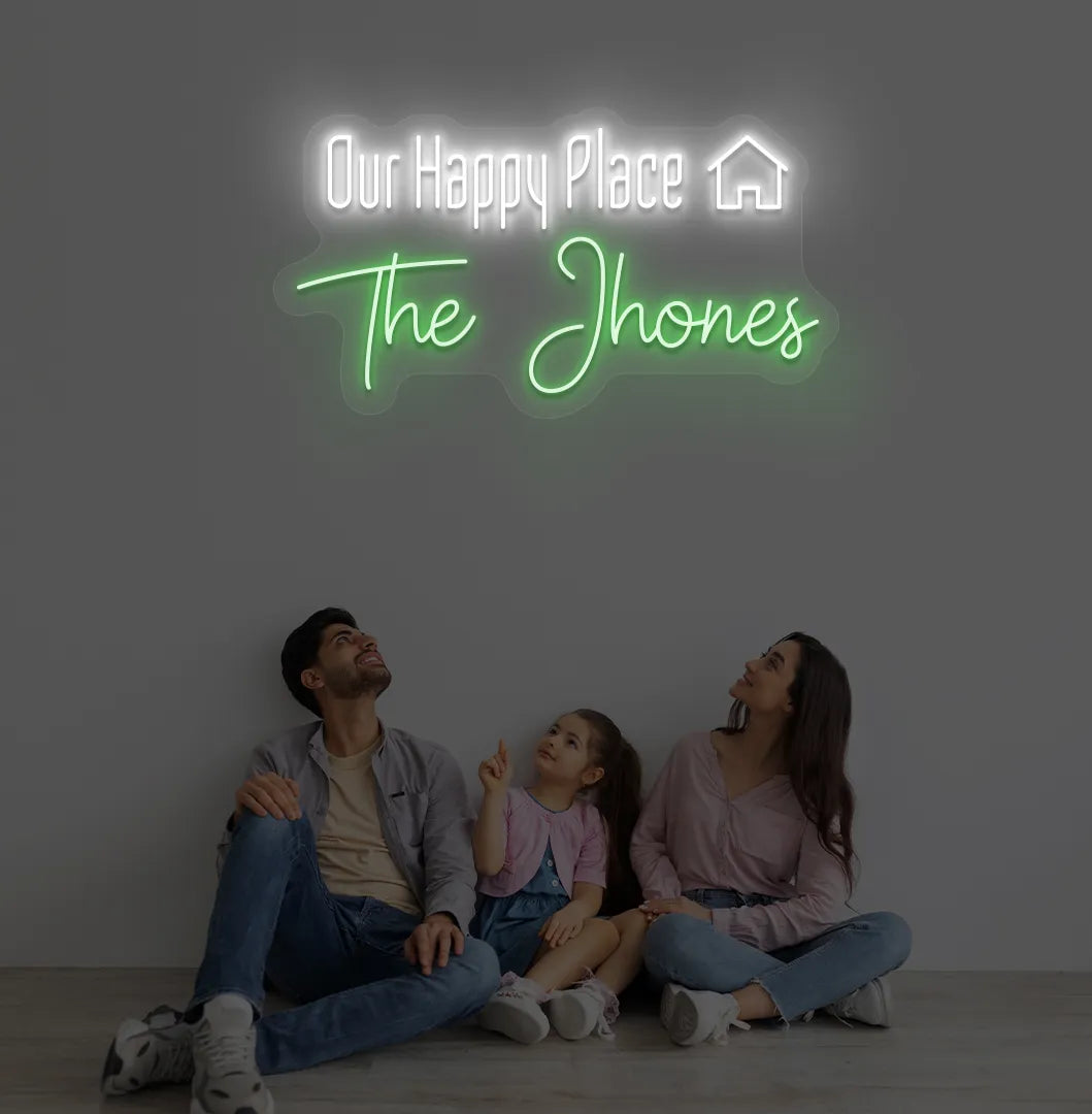 Bright green Our Happy Place personalized name neon sign for home decoration.