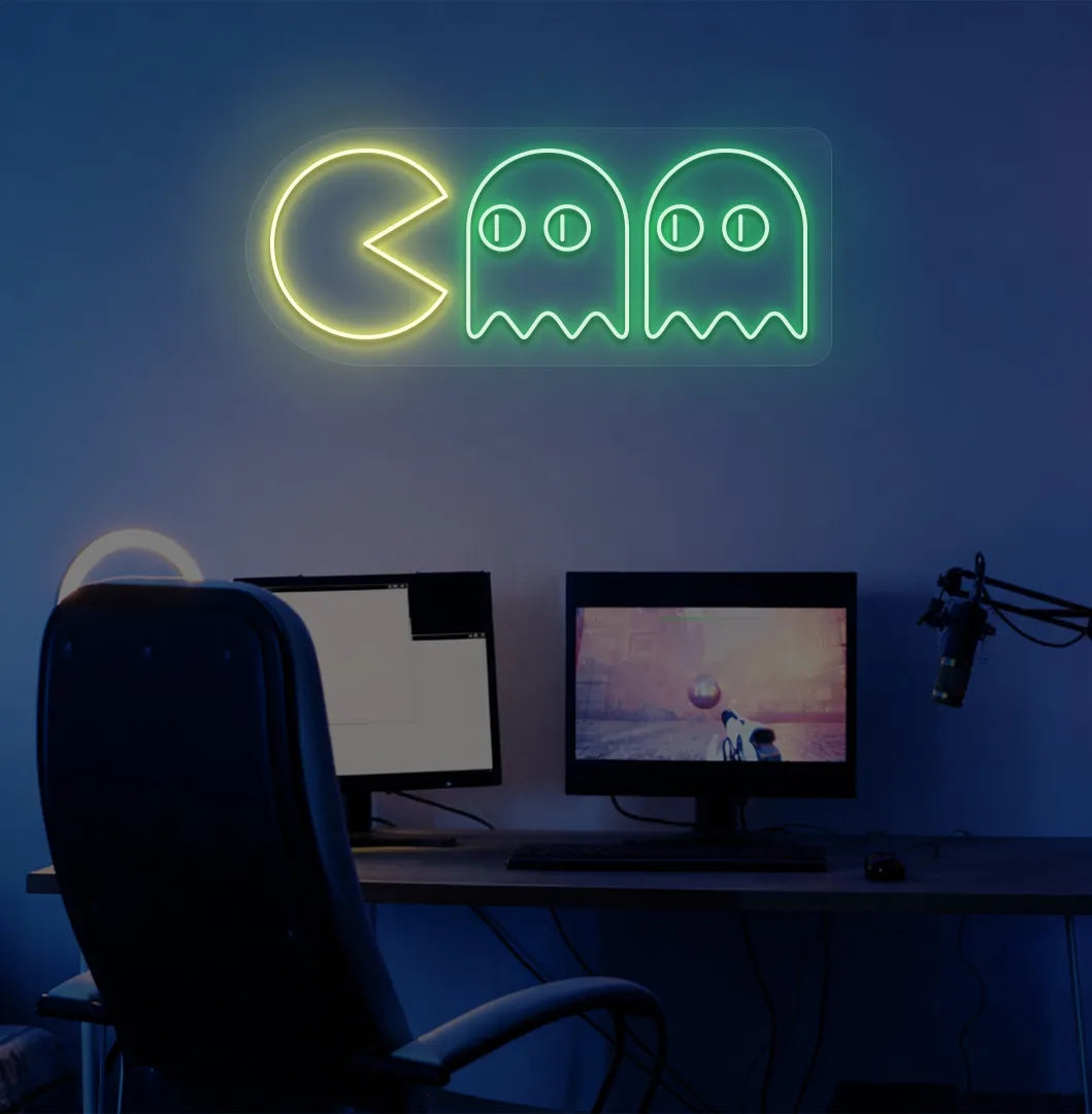 Green Pacman LED neon sign for arcade-themed room decor.