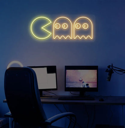 Orange Pacman LED neon sign for arcade-themed room decor.