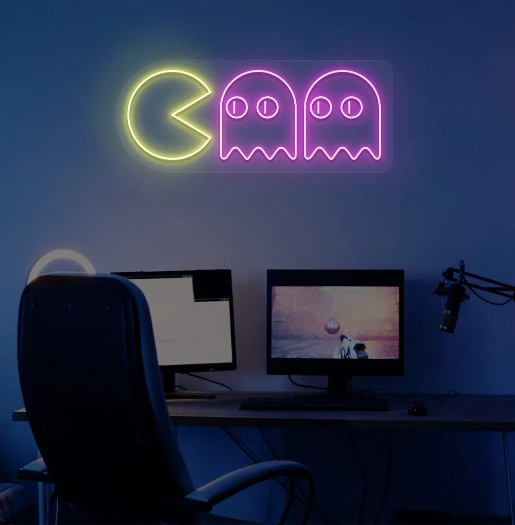 Purple Pacman LED neon sign for arcade-themed room decor.