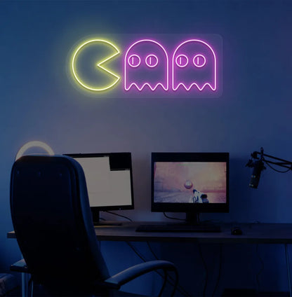 Purple Pacman LED neon sign for arcade-themed room decor.