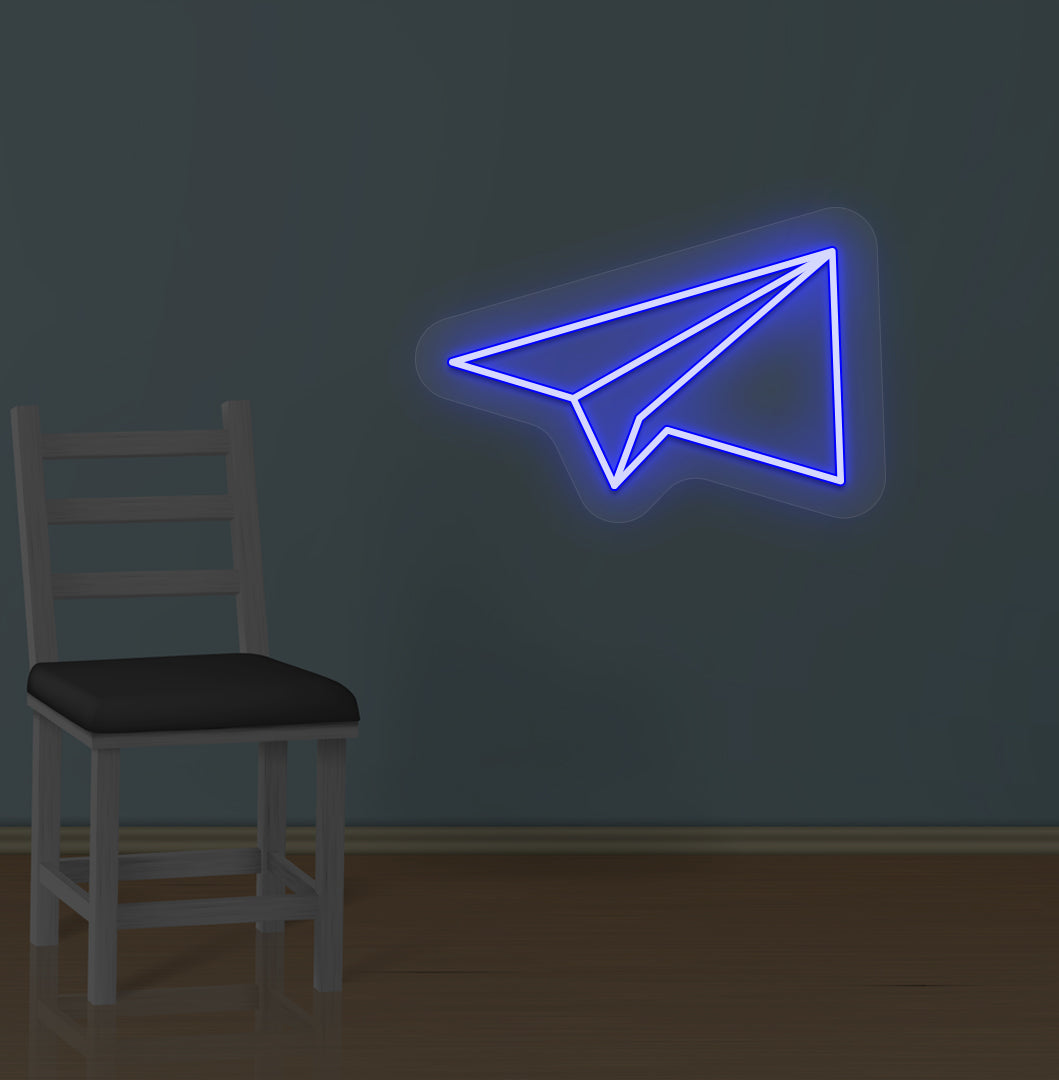 Image of a paper plane LED neon sign glowing on a wall in blue color.