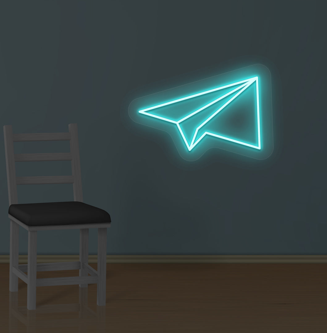 Image of a paper plane LED neon sign glowing on a wall in ice blue color.