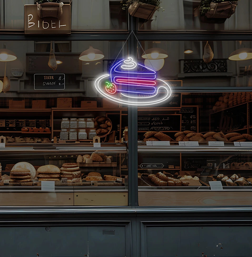 Modern cake shop entrance with pastry neon sign glowing blue.