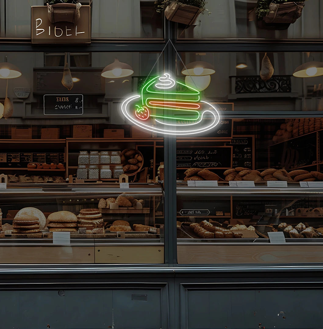 Trendy pastry neon sign in green hanging on bakery glass door.