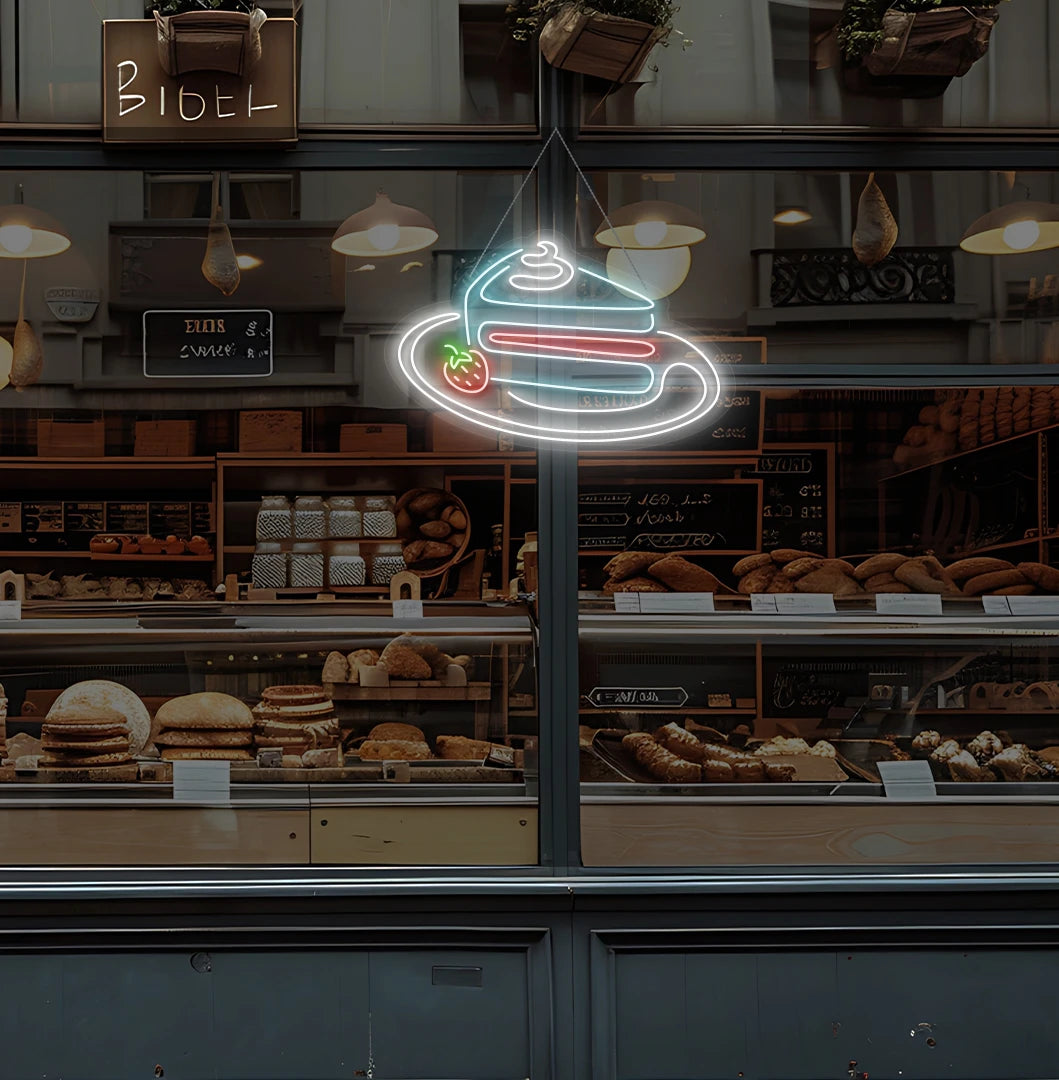 Modern cake shop entrance with pastry neon sign glowing ice blue.
