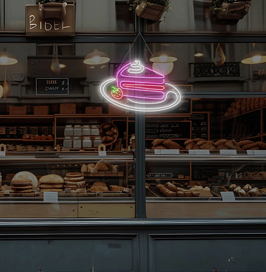 Modern cake shop entrance with pastry neon sign glowing pink.