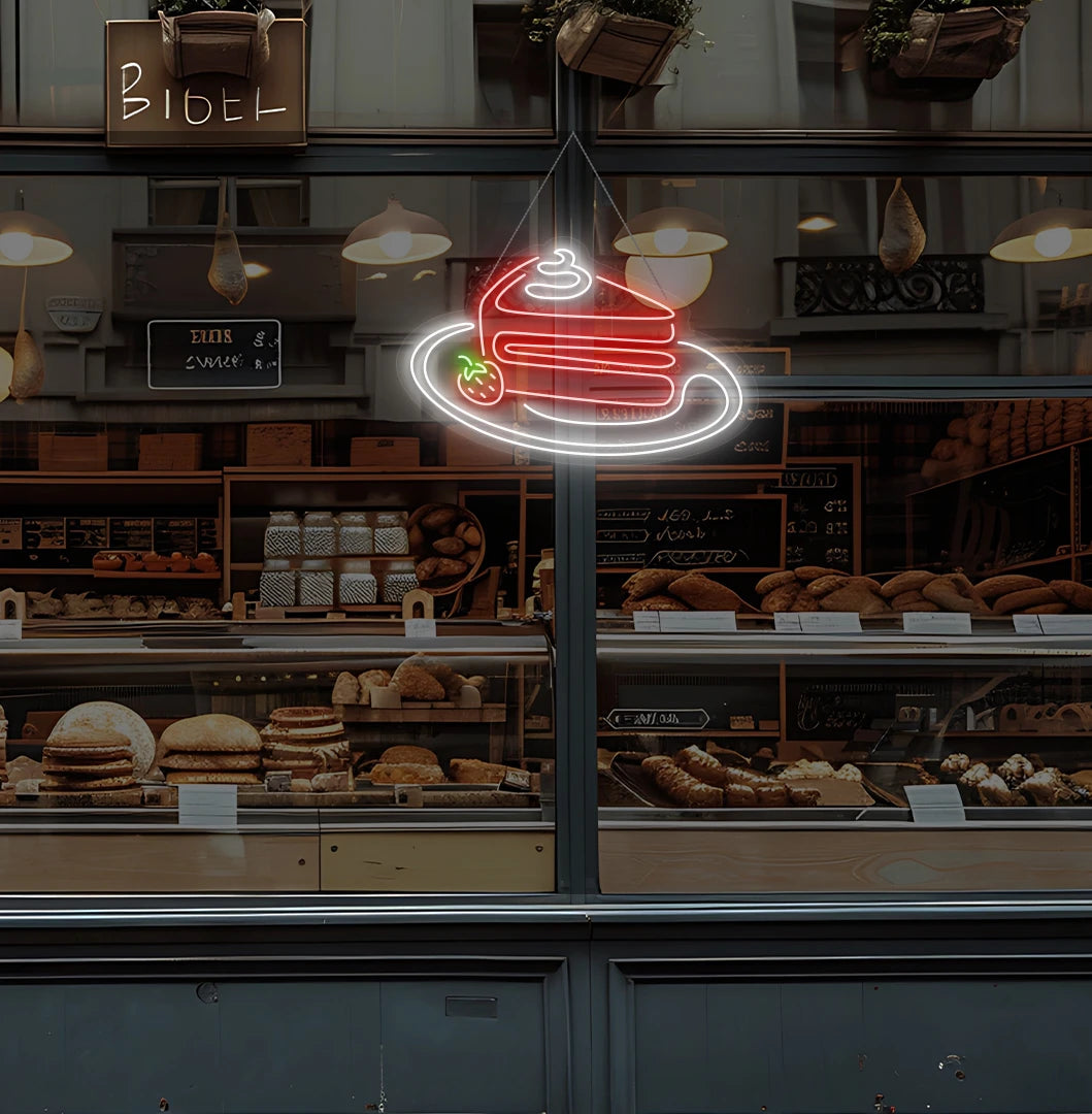 Modern cake shop entrance with pastry neon sign glowing red.