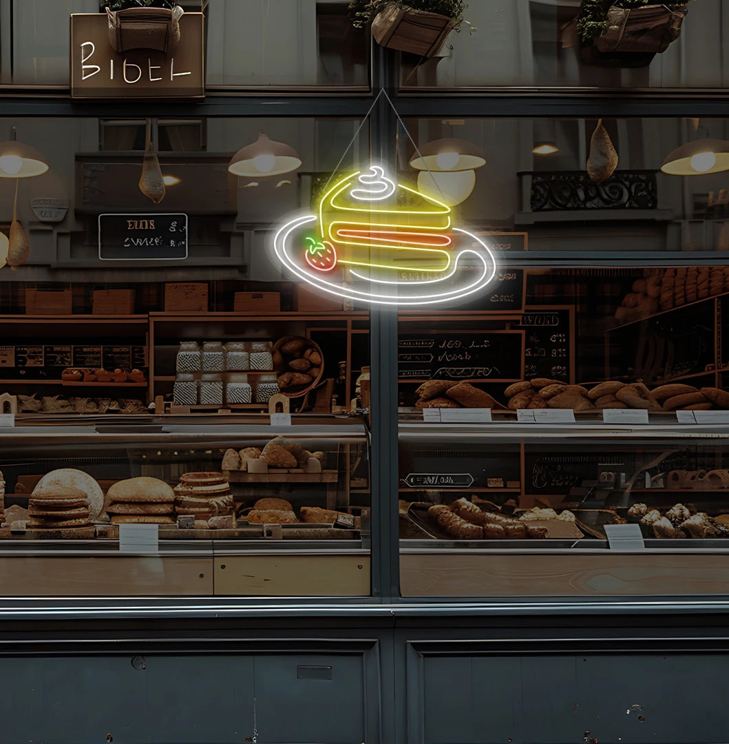 Trendy pastry neon sign in yellow hanging on bakery glass door.