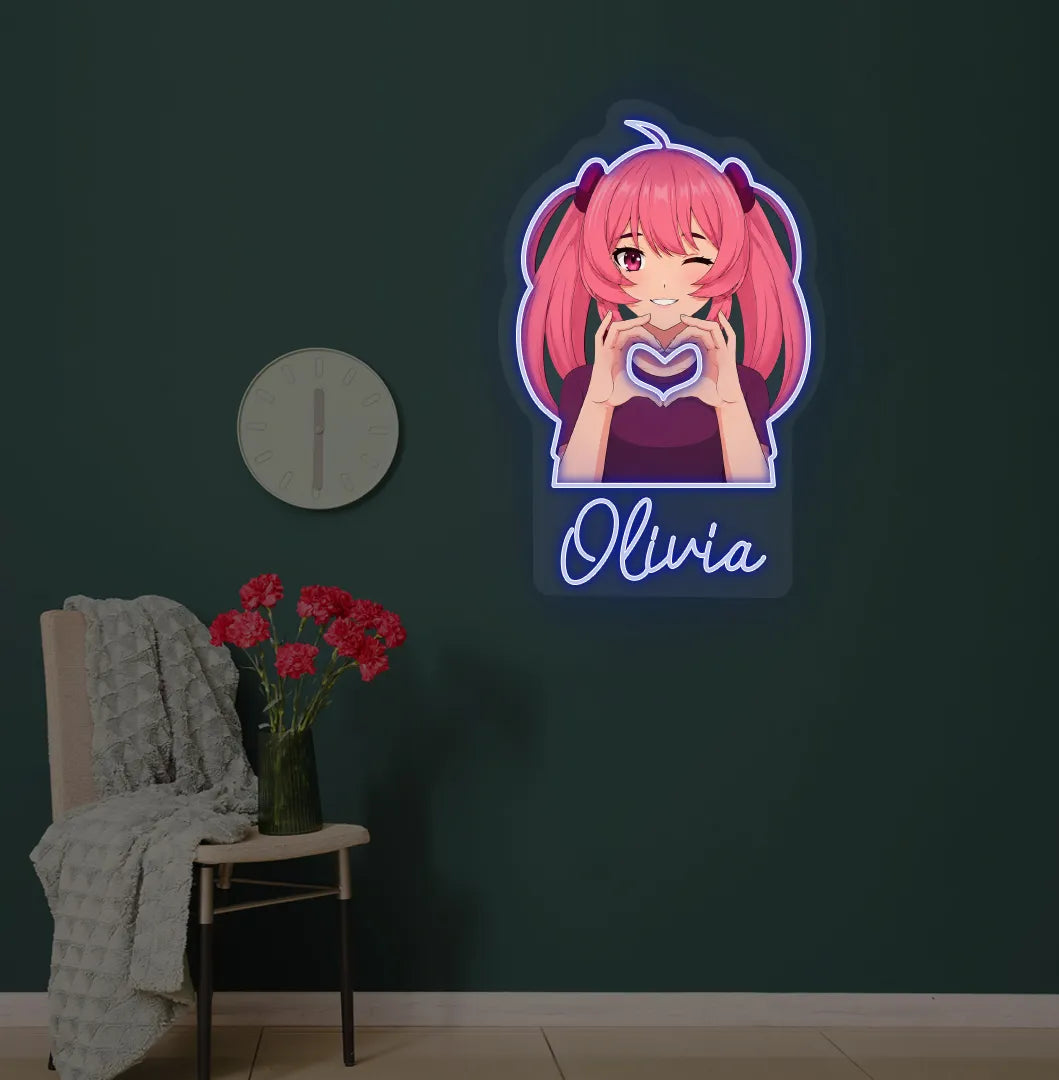 Custom Anime Girl neon sign with personalized name mounted on modern wall in blue color.