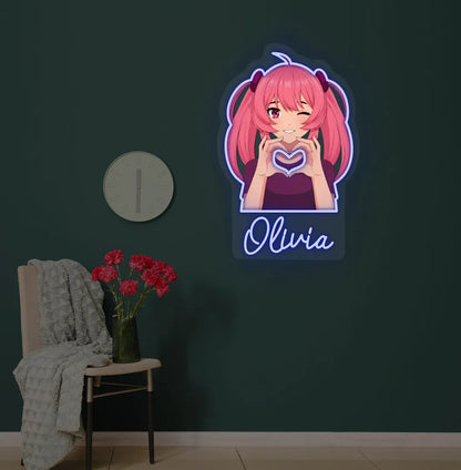 Custom Anime Girl neon sign with personalized name mounted on modern wall in blue color.