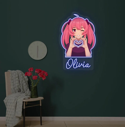 Custom Anime Girl neon sign with personalized name mounted on modern wall in blue color.