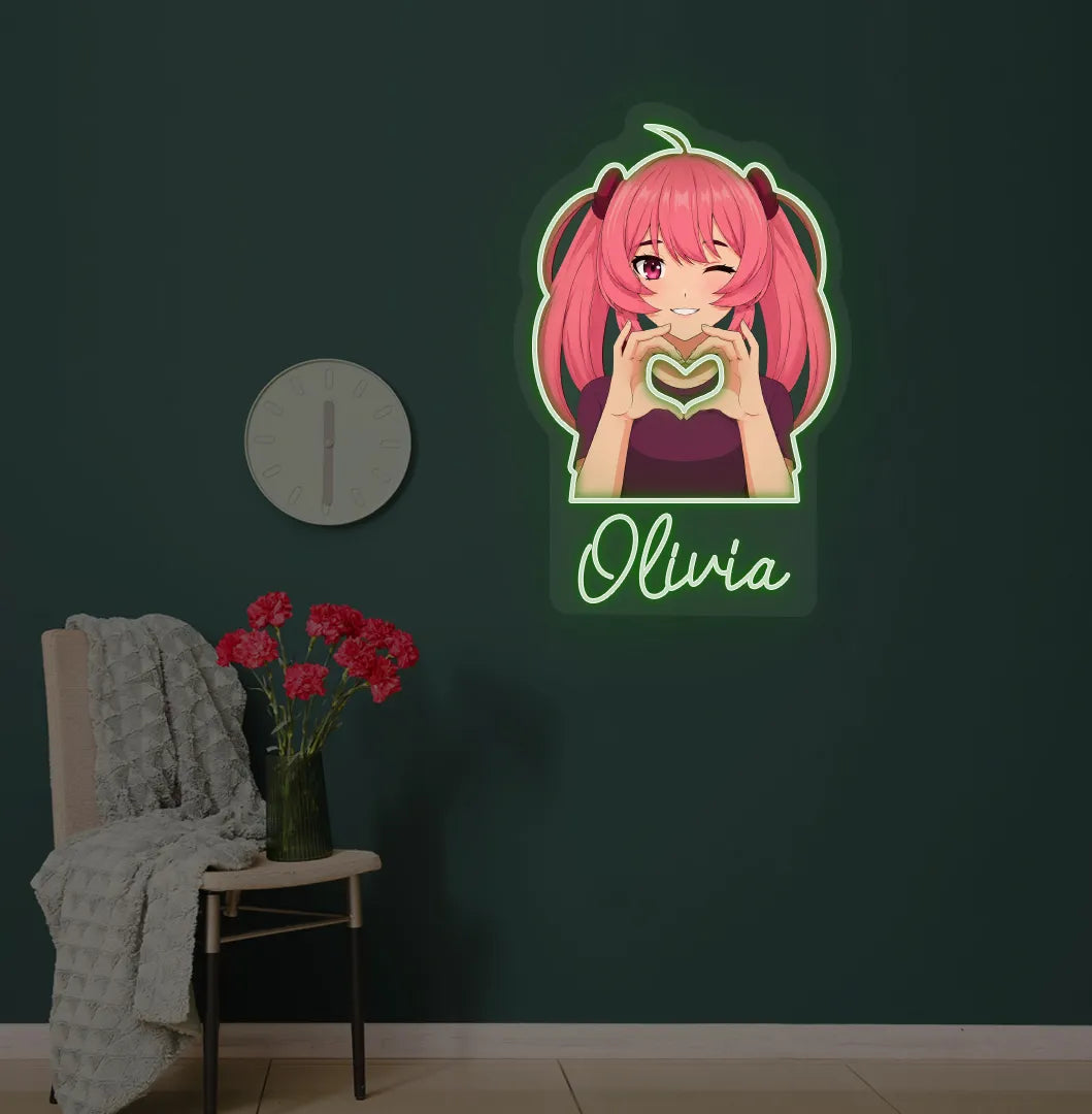 Image of a Personalized Anime Girl LED neon sign glowing green on decorative wall.