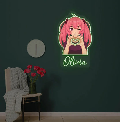 Image of a Personalized Anime Girl LED neon sign glowing green on decorative wall.