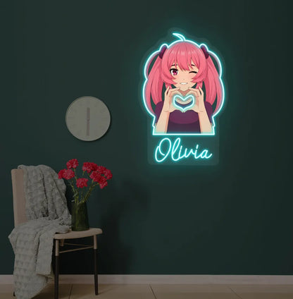 Custom Anime Girl neon sign with personalized name mounted on modern wall in ice blue color.