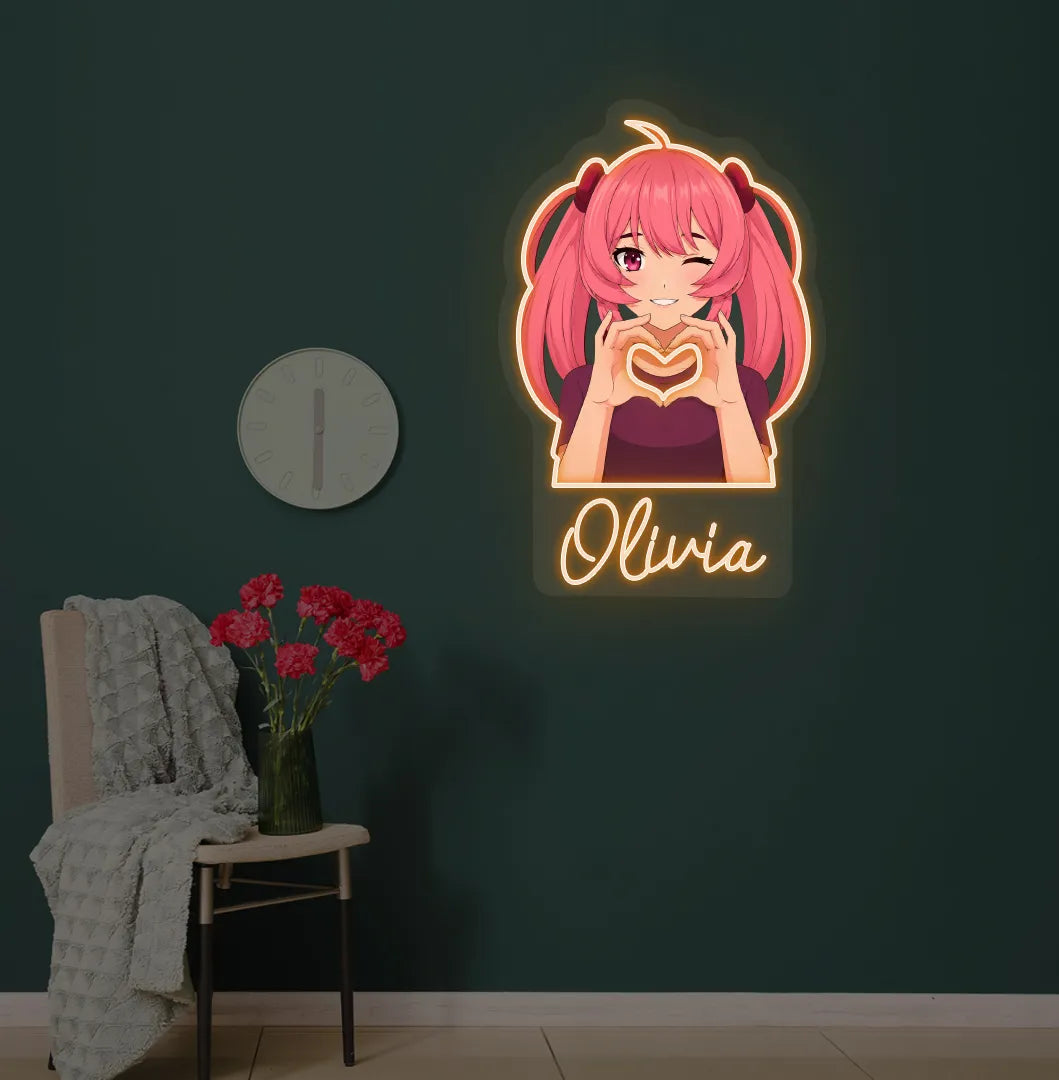 Image of a Personalized Anime Girl LED neon sign glowing orange on decorative wall.