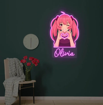 Custom Anime Girl neon sign with personalized name mounted on modern wall in pink color.