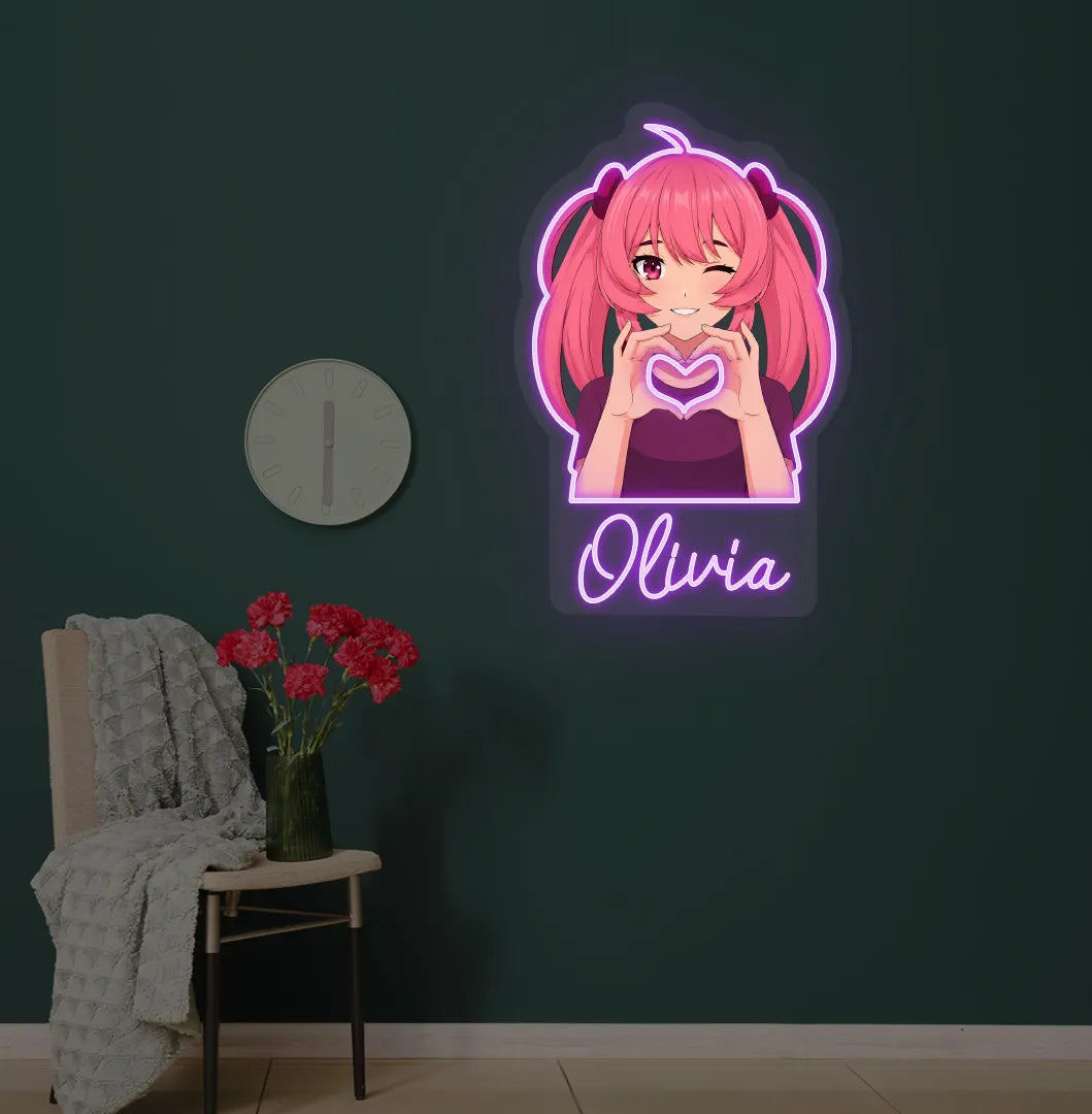 Image of a Personalized Anime Girl LED neon sign glowing purple on decorative wall.