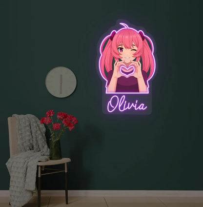Image of a Personalized Anime Girl LED neon sign glowing purple on decorative wall.