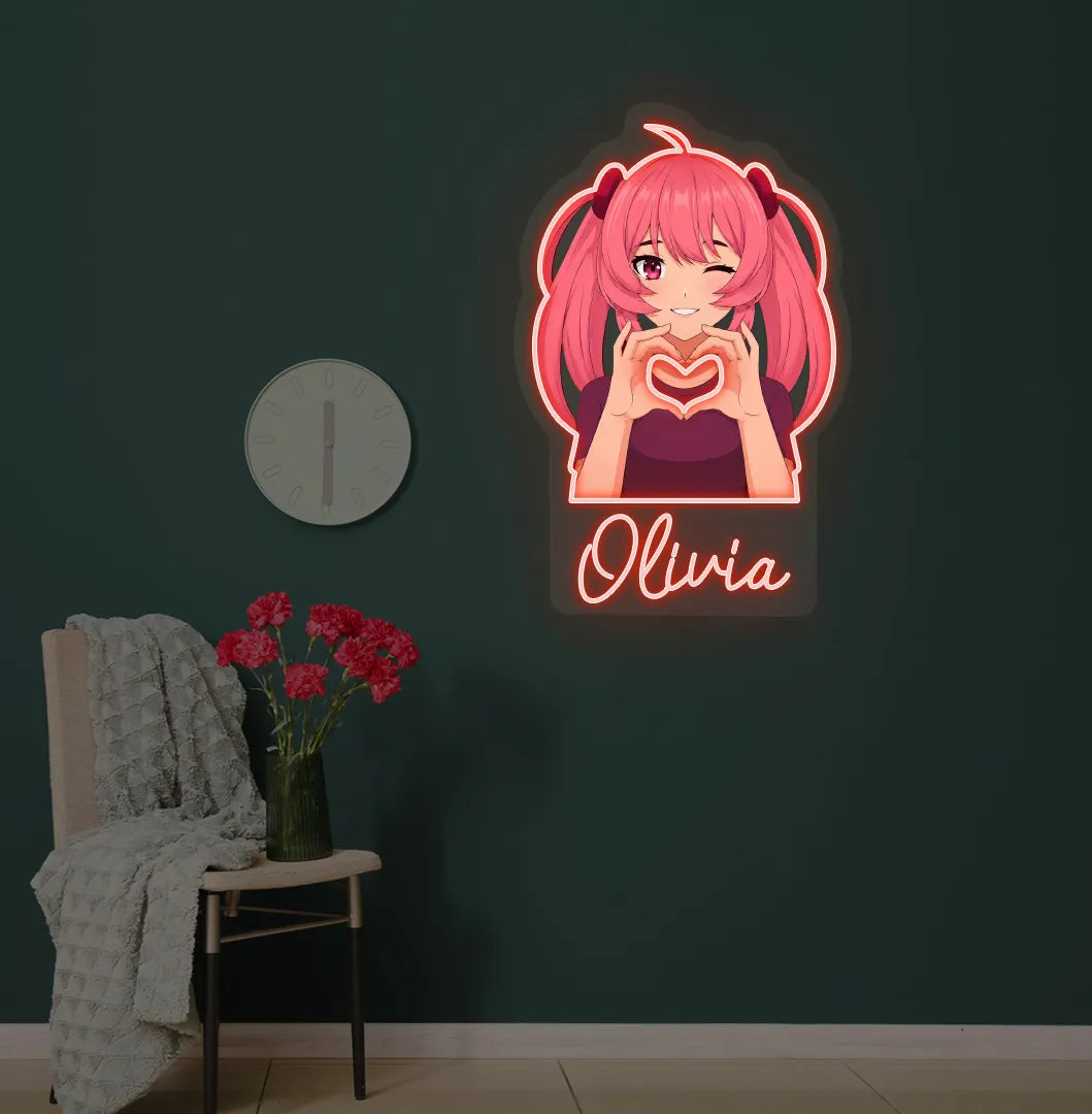 Custom Anime Girl neon sign with personalized name mounted on modern wall in red color.