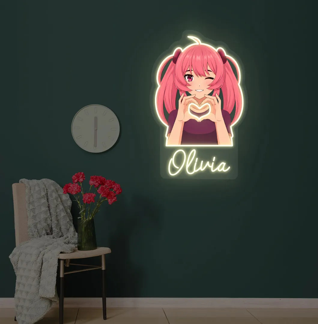 Image of a Personalized Anime Girl LED neon sign glowing warm white on decorative wall.