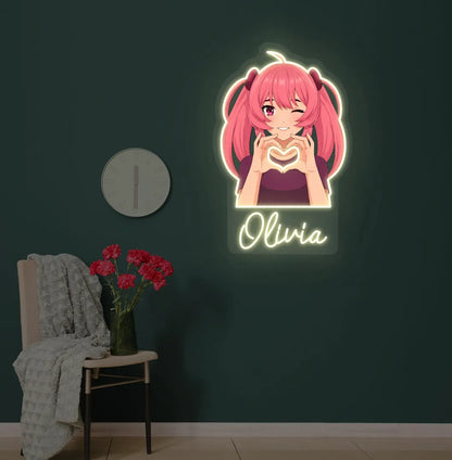 Image of a Personalized Anime Girl LED neon sign glowing warm white on decorative wall.