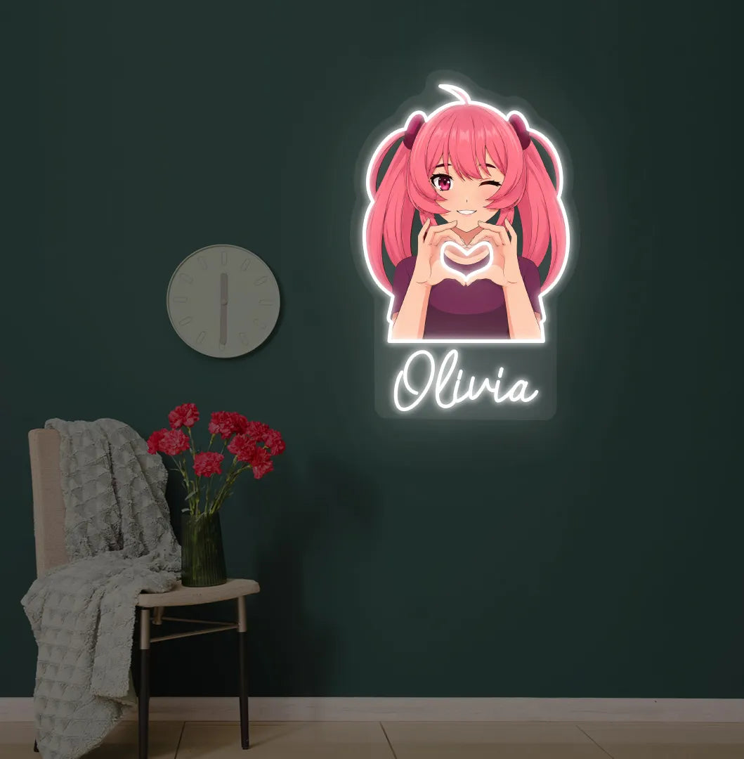 Custom Anime Girl neon sign with personalized name mounted on modern wall in white color.