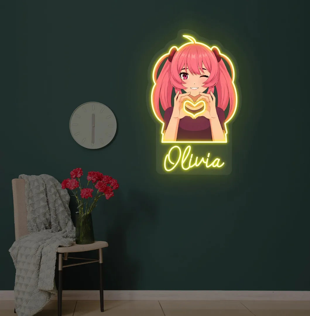 Image of a Personalized Anime Girl LED neon sign glowing yellow on decorative wall.