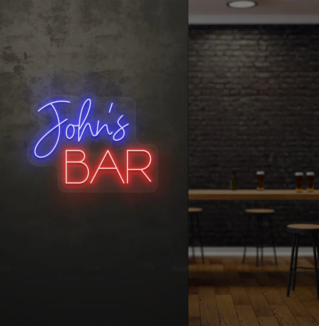 Personalized Bar Name neon sign mounted on decorative wall in blue color.