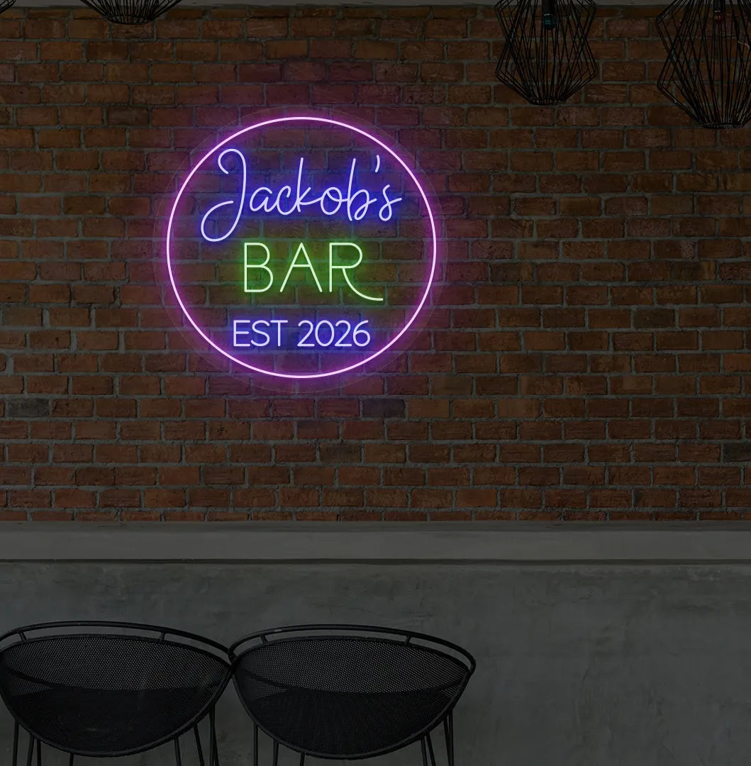 Custom Bar Name EST neon sign in blue color mounted on aesthetic wall.