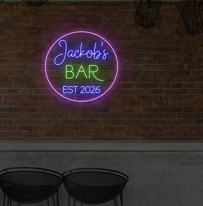 Custom Bar Name EST neon sign in blue color mounted on aesthetic wall.