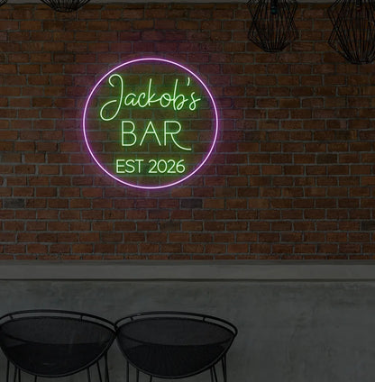 Stylish Personalized Bar Name EST neon sign mounted on aesthetic wall in green color.