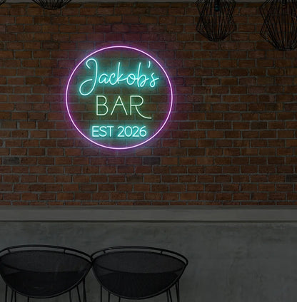 Custom Bar Name EST neon sign in ice blue color mounted on aesthetic wall.