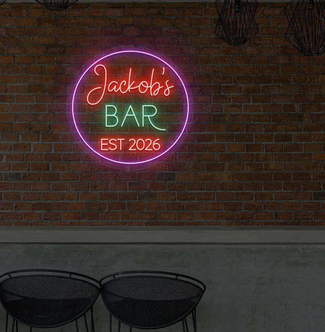 Stylish Personalized Bar Name EST neon sign mounted on aesthetic wall in red color.