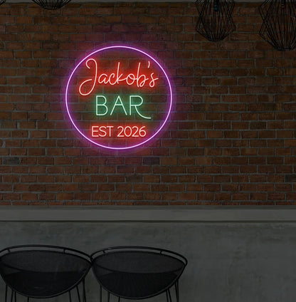 Stylish Personalized Bar Name EST neon sign mounted on aesthetic wall in red color.