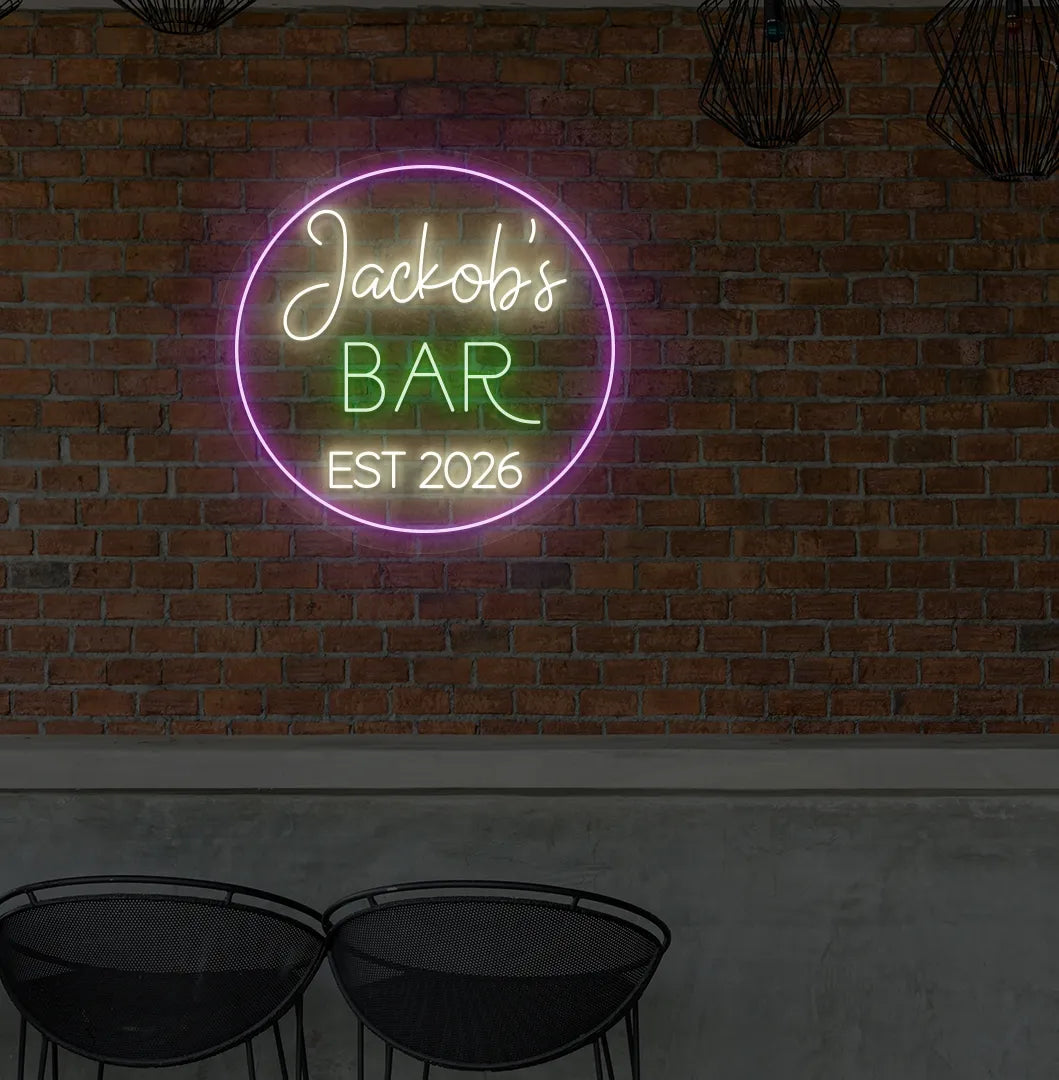 Stylish Personalized Bar Name EST neon sign mounted on aesthetic wall in warm white color.