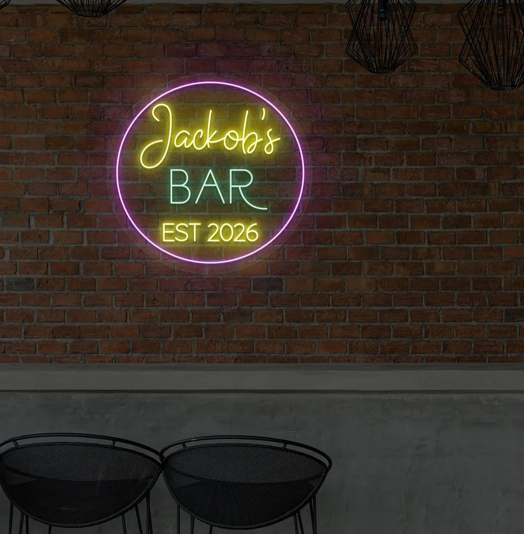 Stylish Personalized Bar Name EST neon sign mounted on aesthetic wall in yellow color.