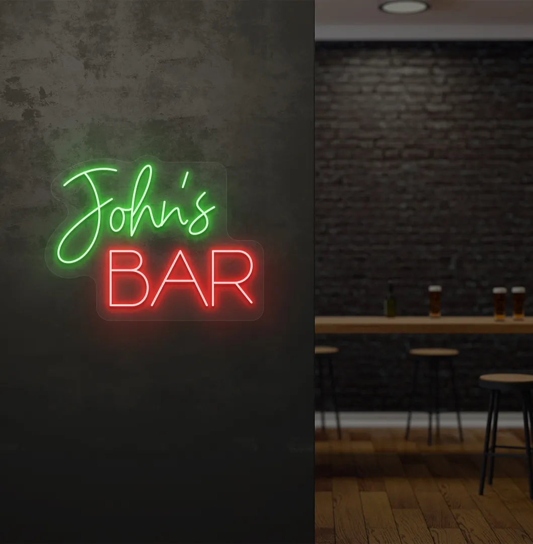Stylish Personalized Bar Name neon sign mounted on aesthetic wall in green color.
