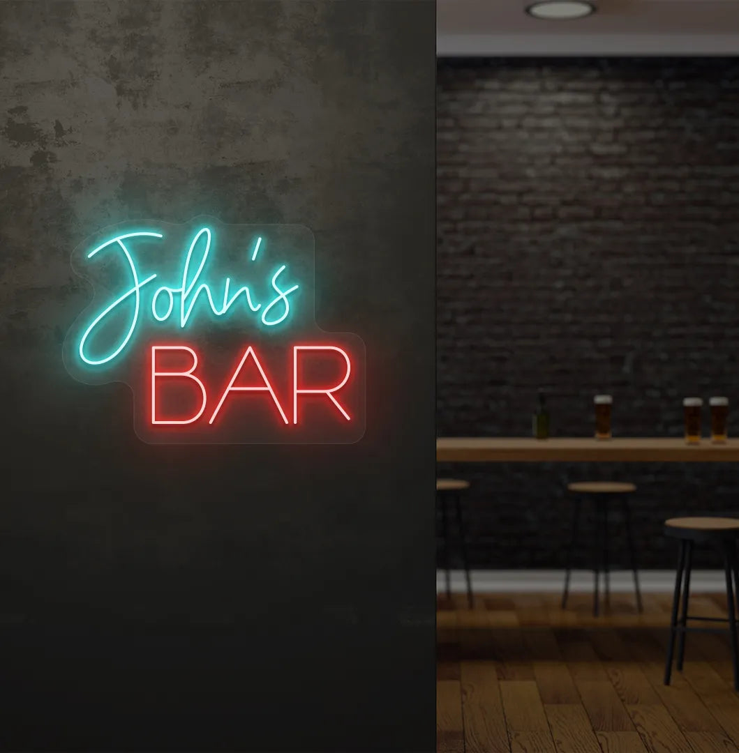 Personalized Bar Name neon sign mounted on decorative wall in ice blue color.