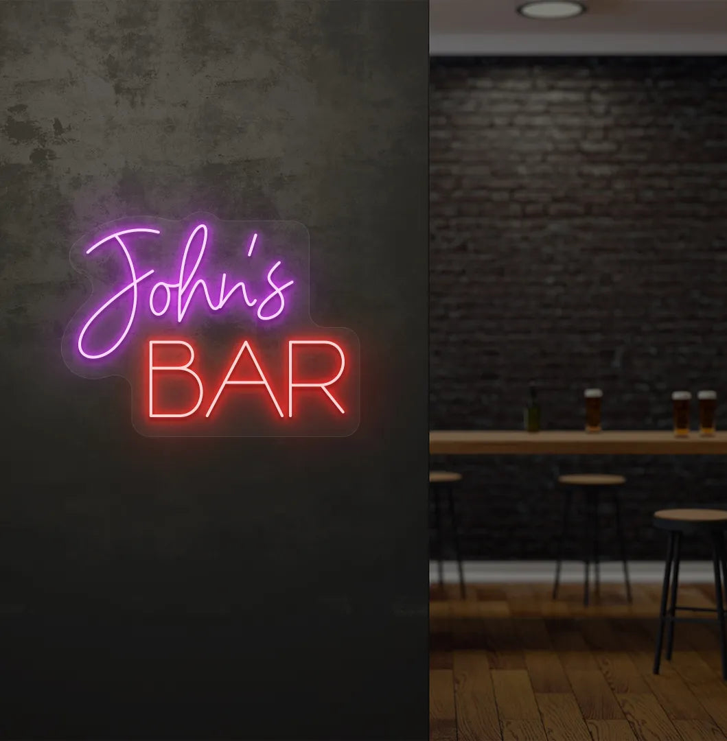 Stylish Personalized Bar Name neon sign mounted on aesthetic wall in purple color.