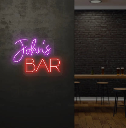 Stylish Personalized Bar Name neon sign mounted on aesthetic wall in purple color.