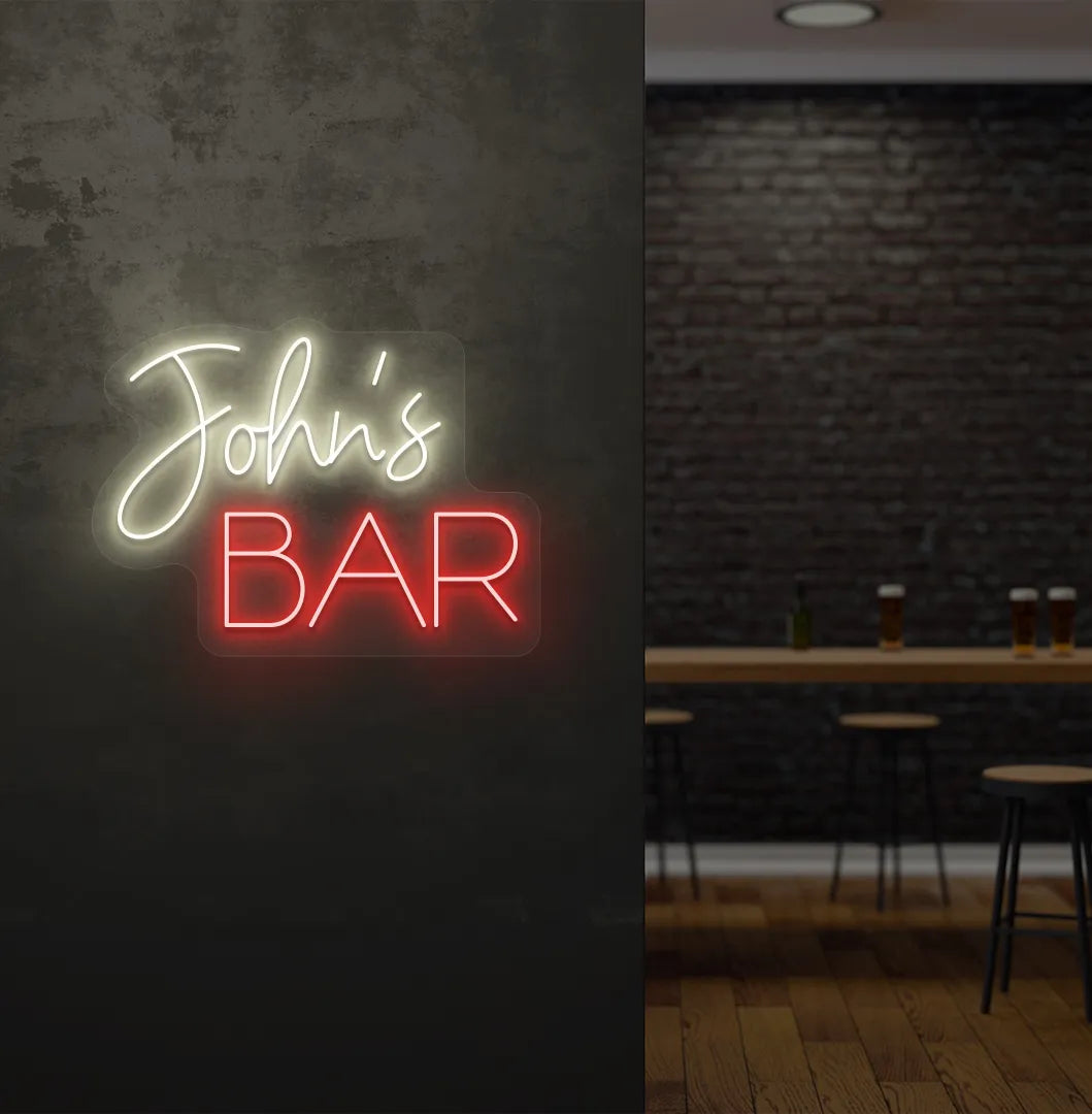 Stylish Personalized Bar Name neon sign mounted on aesthetic wall in warm white color.