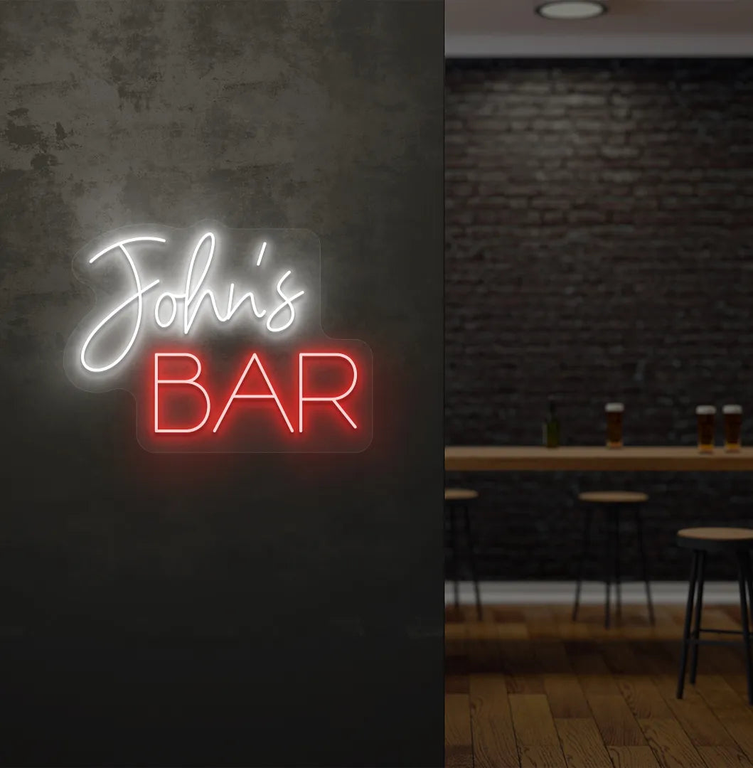 Personalized Bar Name neon sign mounted on decorative wall in white color.