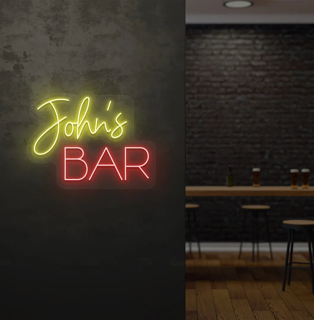 Stylish Personalized Bar Name neon sign mounted on aesthetic wall in yellow color.