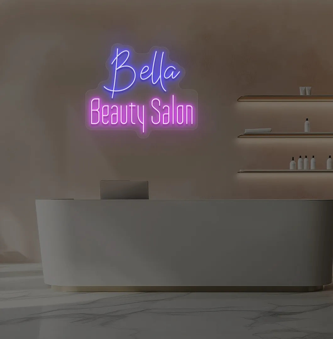 Custom Beauty Salon neon sign in blue color mounted on aesthetic wall.